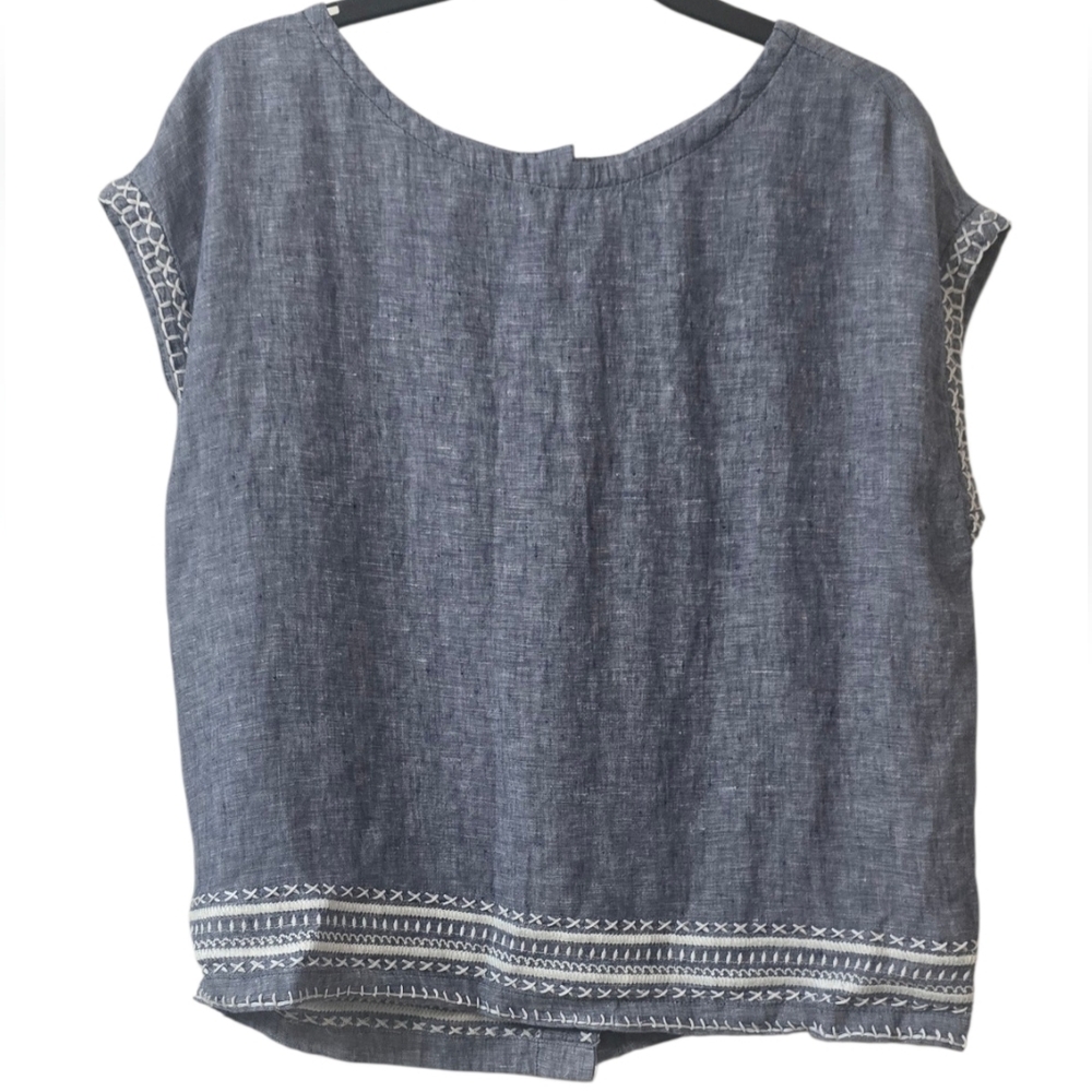 Sigrid Olsen Navy Gray Linen-Blend Embroidered Short Sleeve Top Size XS